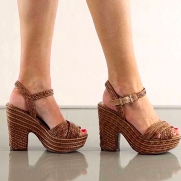 Schutz Brown Tan braid woven leather platform open toe sandal heels womens 9 - Picture 2 of 8